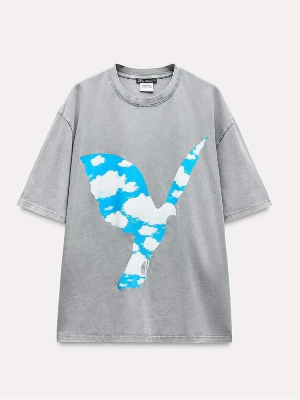 Zara Grey Oversized Tee with Blue Cloud Graphic
